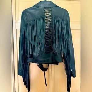 Black leather fringe moto jacket